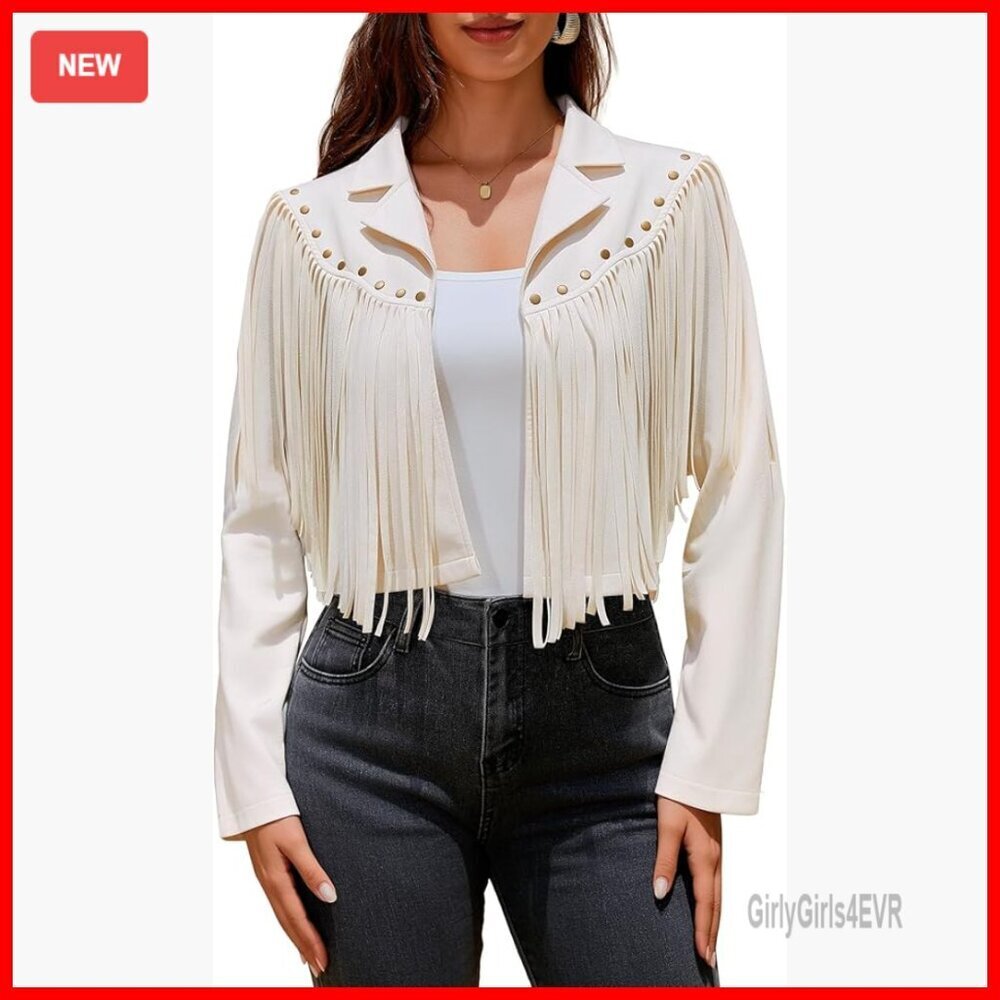 Faux Suede Fringe Cropped Jacket with Rivets, Western Motorcycle Style